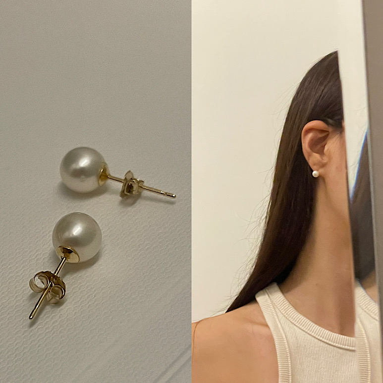 14k natural fresh-water pearl earring - 14k 7-7.5mm 담수진주 귀걸이  (실리콘 마개와 함께 배송되며, 14k  골드 클러치 추가 구매 가능합니다.)